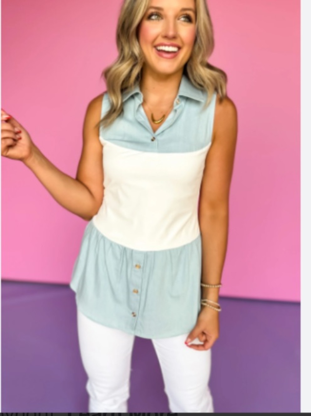 Colorblock Collared Peplum Tank Top in Light Blue & White